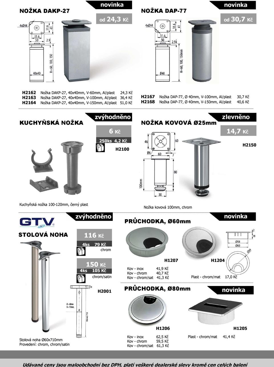 Kuchyňská nožka 100-120mm, černý plast Nožka kovová 100mm, chrom PRŮCHODKA, Ø60mm STOLOVÁ NOHA 116 Kč 4ks 79 Kč chrom 150 Kč 4ks 105 Kč chrom/satin H2001 H1207 Kov - inox 41,9 Kč Kov - chrom 40,7 Kč