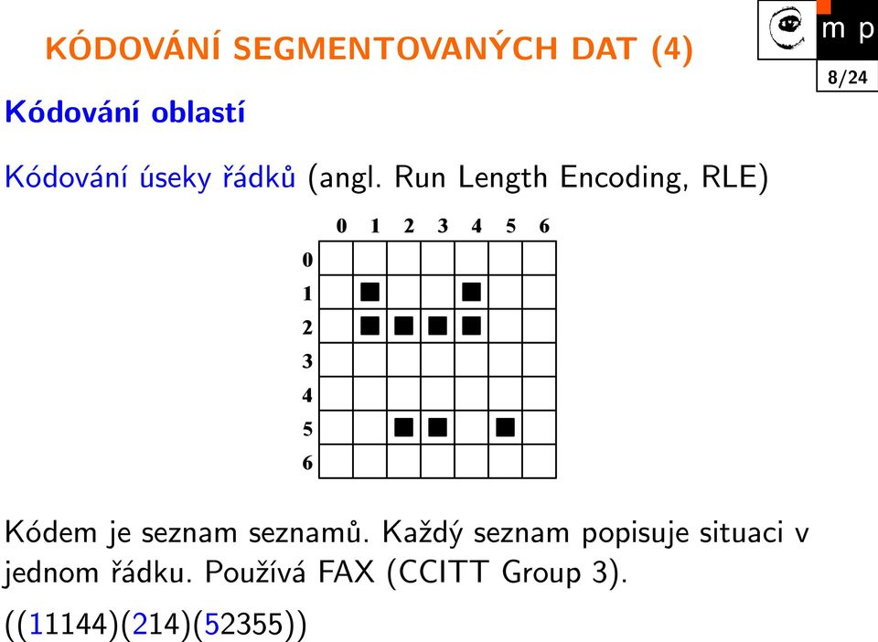 Run Length Encoding, RLE) 0 1 2 3 4 5 6 0 1 2 3 4 5 6 Kódem je