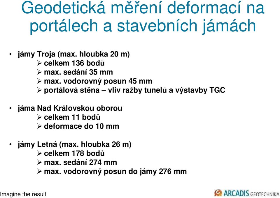 vodorovný posun 45 mm portálová stěna vliv ražby tunelů a výstavby TGC jáma Nad Královskou