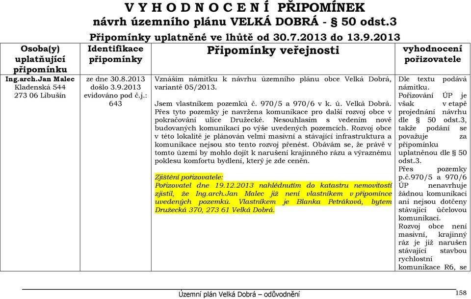 Jsem vlastníkem pozemků č. 970/5 a 970/6 v k. ú. Velká Dobrá. Přes tyto pozemky je navržena komunikace pro další rozvoj obce v pokračování ulice Družecké.