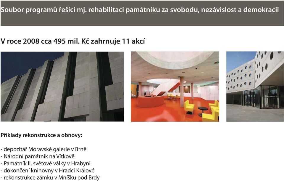 Kč zahrnuje 11 akcí Příklady rekonstrukce a obnovy: - depozitář Moravské galerie v