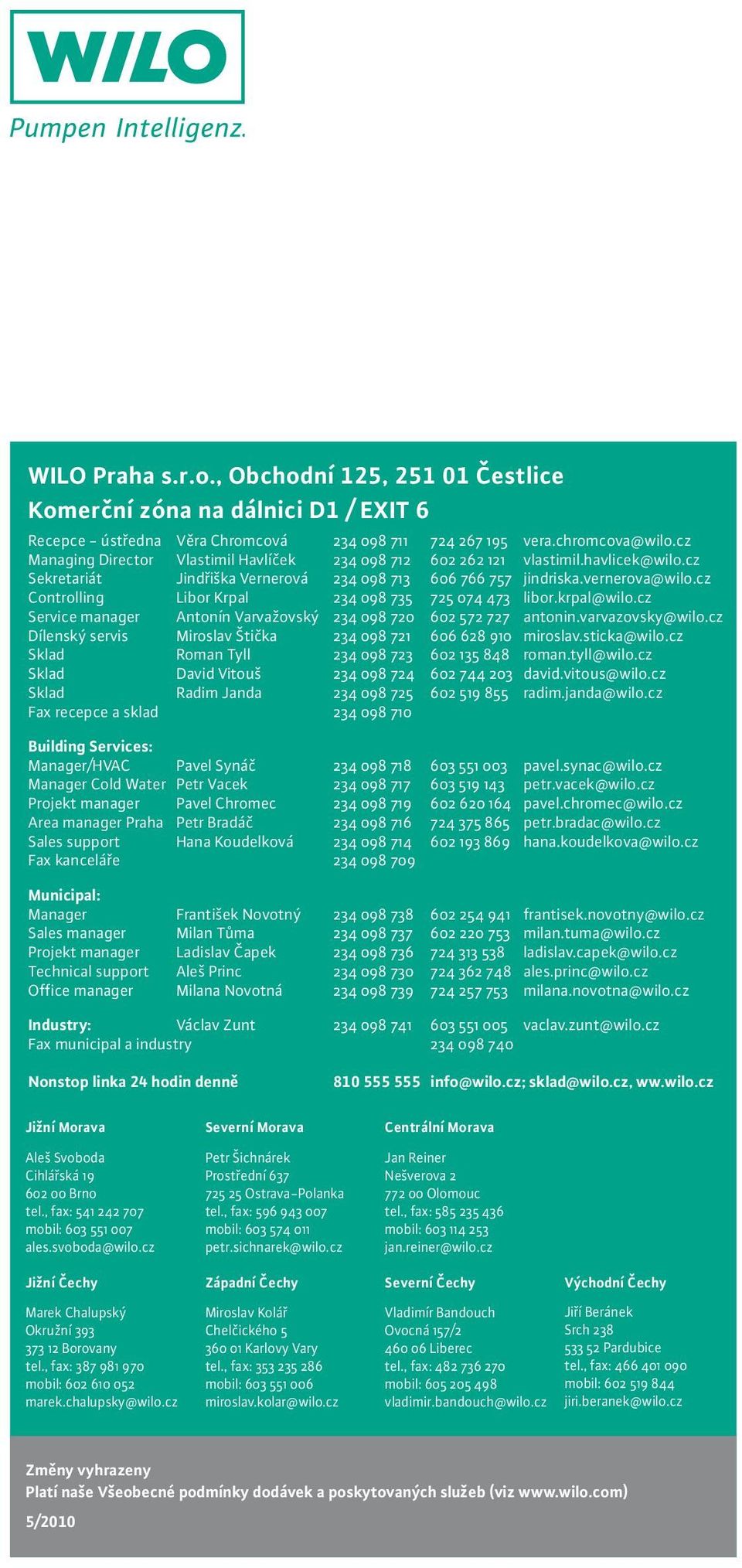 cz Controlling Libor Krpal 234 098 735 725 074 473 libor.krpal@wilo.cz Service manager Antonín Varvažovský 234 098 720 602 572 727 antonin.varvazovsky@wilo.