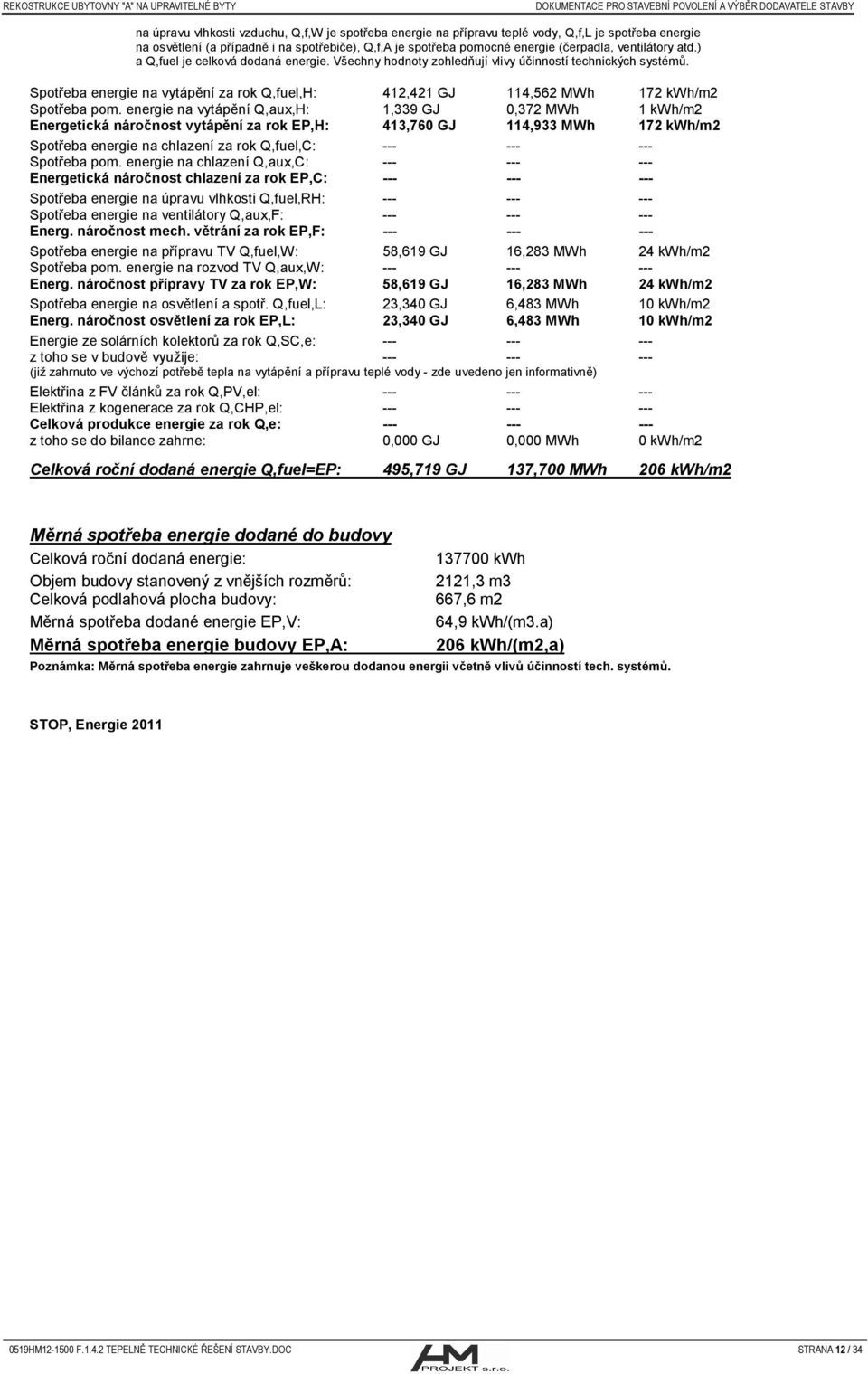 Spotřeba energie na vytápění za rok Q,fuel,H: 412,421 GJ 114,562 MWh 172 kwh/m2 Spotřeba pom.