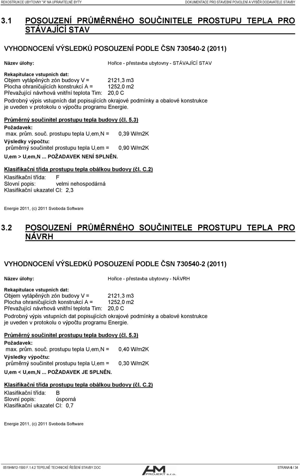 okrajové podmínky a obalové konstrukce je uveden v protokolu o výpočtu programu Energie. Průměrný souči