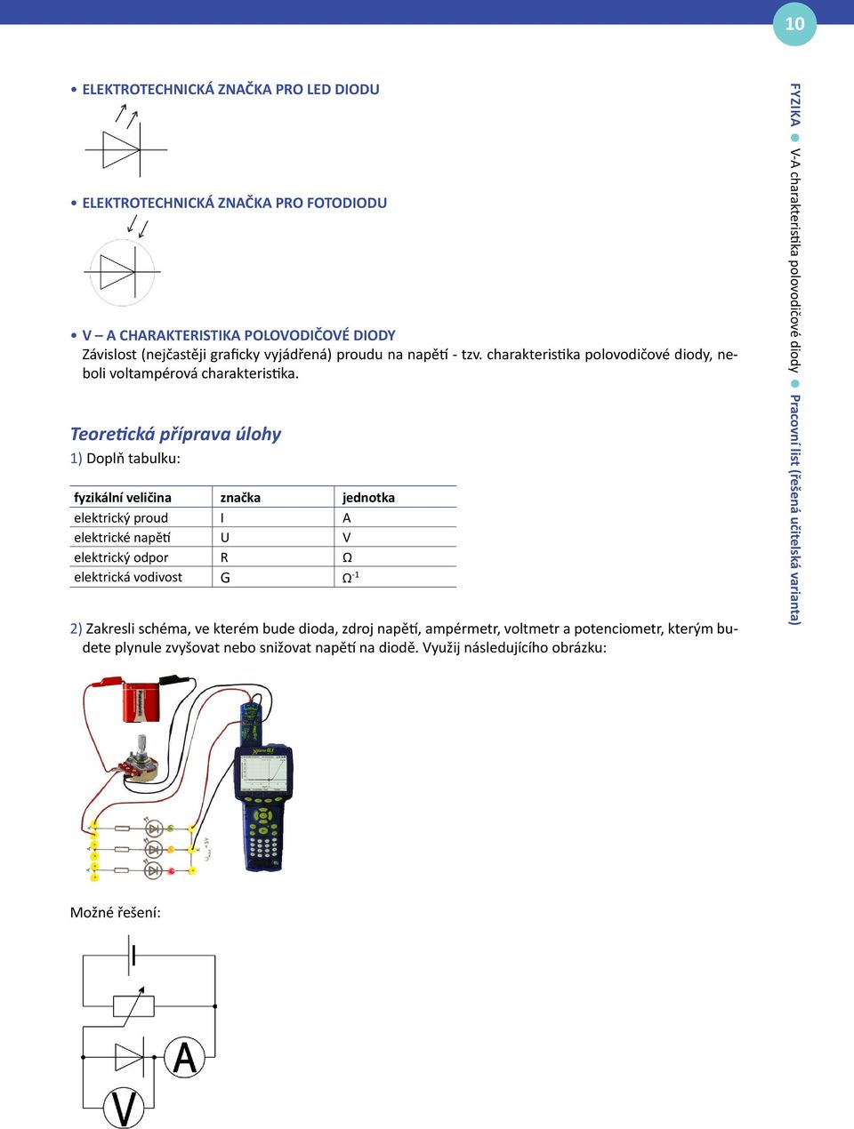 Teoretická příprava úlohy 1) Doplň tabulku: fyzikální veličina značka jednotka elektrický proud I A elektrické napětí U V elektrický odpor R Ω elektrická vodivost G Ω -1 2)