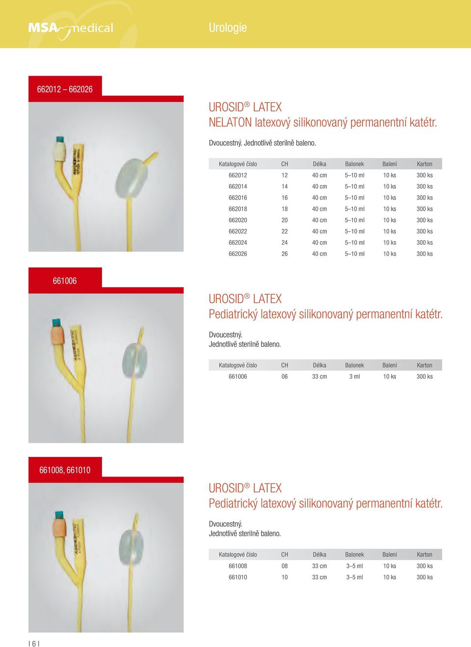 662022 22 40 cm 5 10 ml 10 ks 300 ks 662024 24 40 cm 5 10 ml 10 ks 300 ks 662026 26 40 cm 5 10 ml 10 ks 300 ks 661006 UROSID LATEX Pediatrický latexový silikonovaný permanentní katétr.