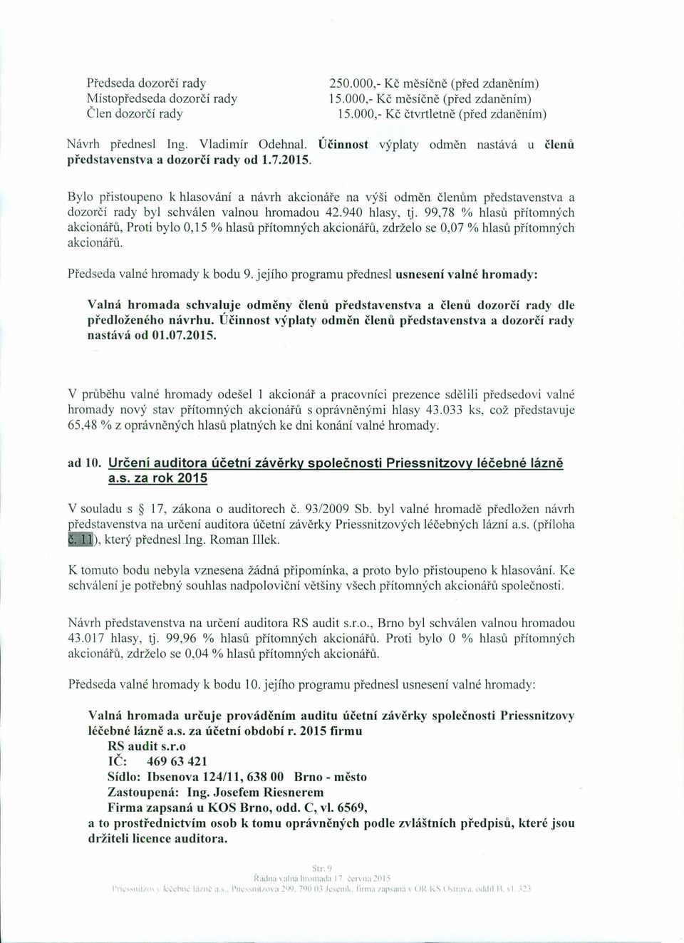 Bylo přistoupeno k hlasování a návrh akcionáře na výši odměn členům představenstva a dozorčí rady byl schválen valnou hromadou 42.940 hlasy, tj.