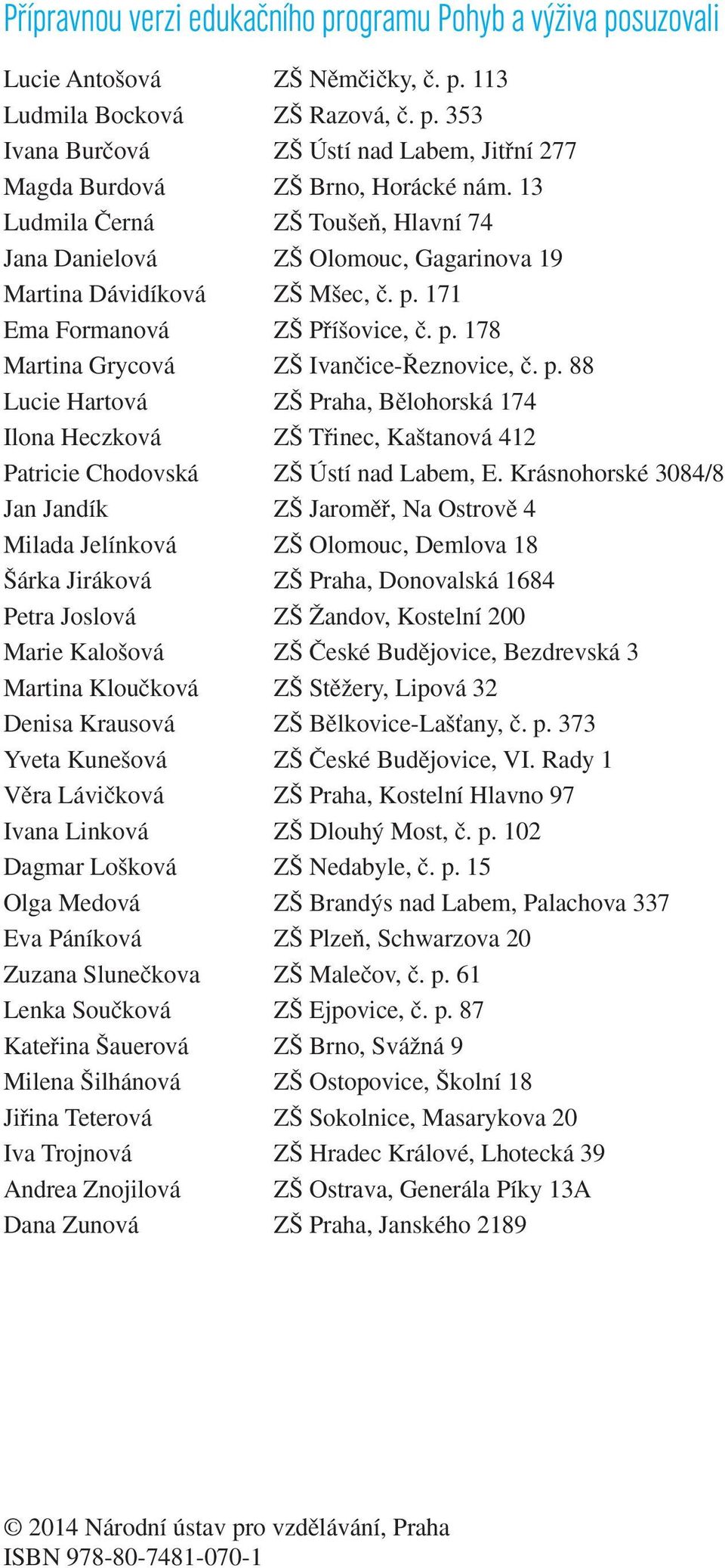 171 Ema Formanová Z Pfií ovice, ã. p. 178 Martina Grycová Z Ivanãice- eznovice, ã. p. 88 Lucie Hartová Z Praha, Bûlohorská 174 Ilona Heczková Z Tfiinec, Ka tanová 412 Patricie Chodovská Z Ústí nad Labem, E.