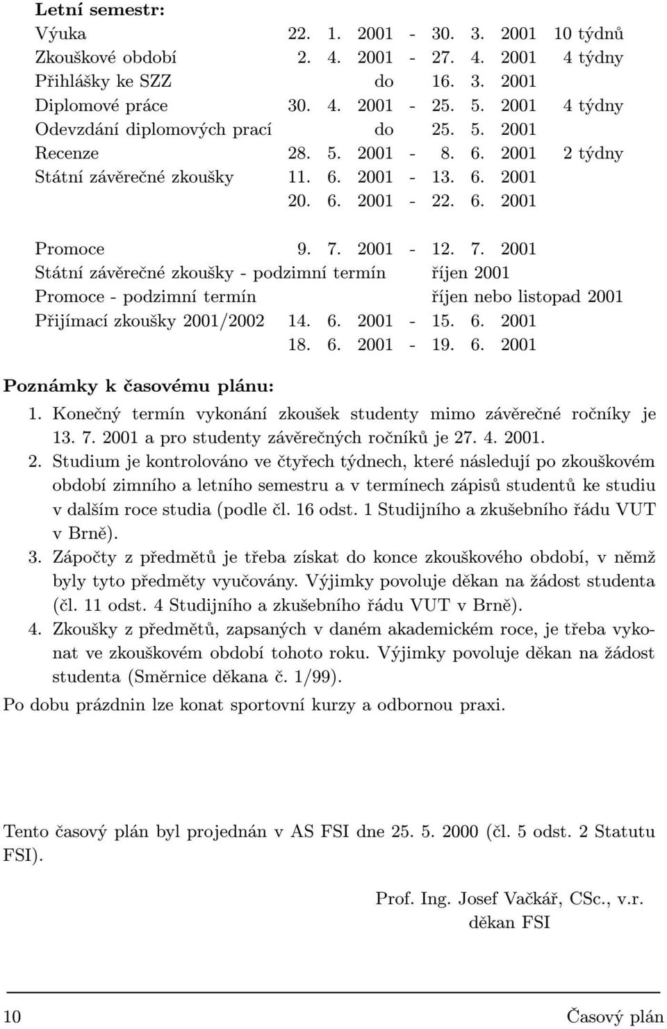 2001-12. 7. 2001 Státní závěrečné zkoušky - podzimní termín říjen 2001 Promoce - podzimní termín říjen nebo listopad 2001 Přijímací zkoušky 2001/2002 14. 6. 2001-15. 6. 2001 18. 6. 2001-19. 6. 2001 Poznámky k časovému plánu: 1.