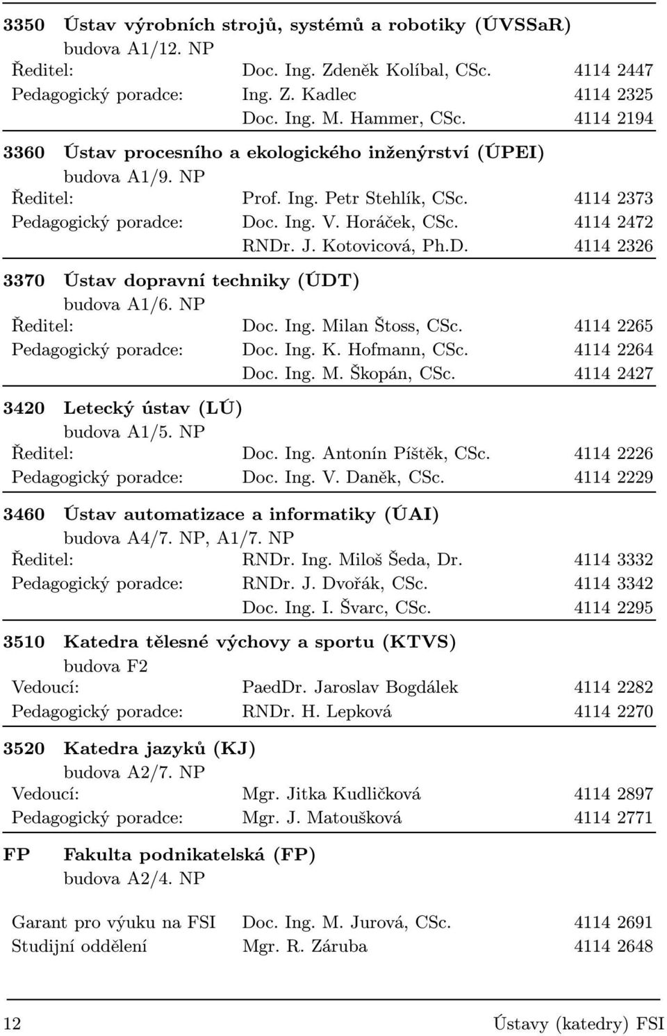 Kotovicová, Ph.D. 4114 2326 3370 Ústav dopravní techniky (ÚDT) budova A1/6. NP Ředitel: Doc. Ing. Milan Štoss, CSc. 4114 2265 Pedagogický poradce: Doc. Ing. K. Hofmann, CSc. 4114 2264 Doc. Ing. M. Škopán, CSc.