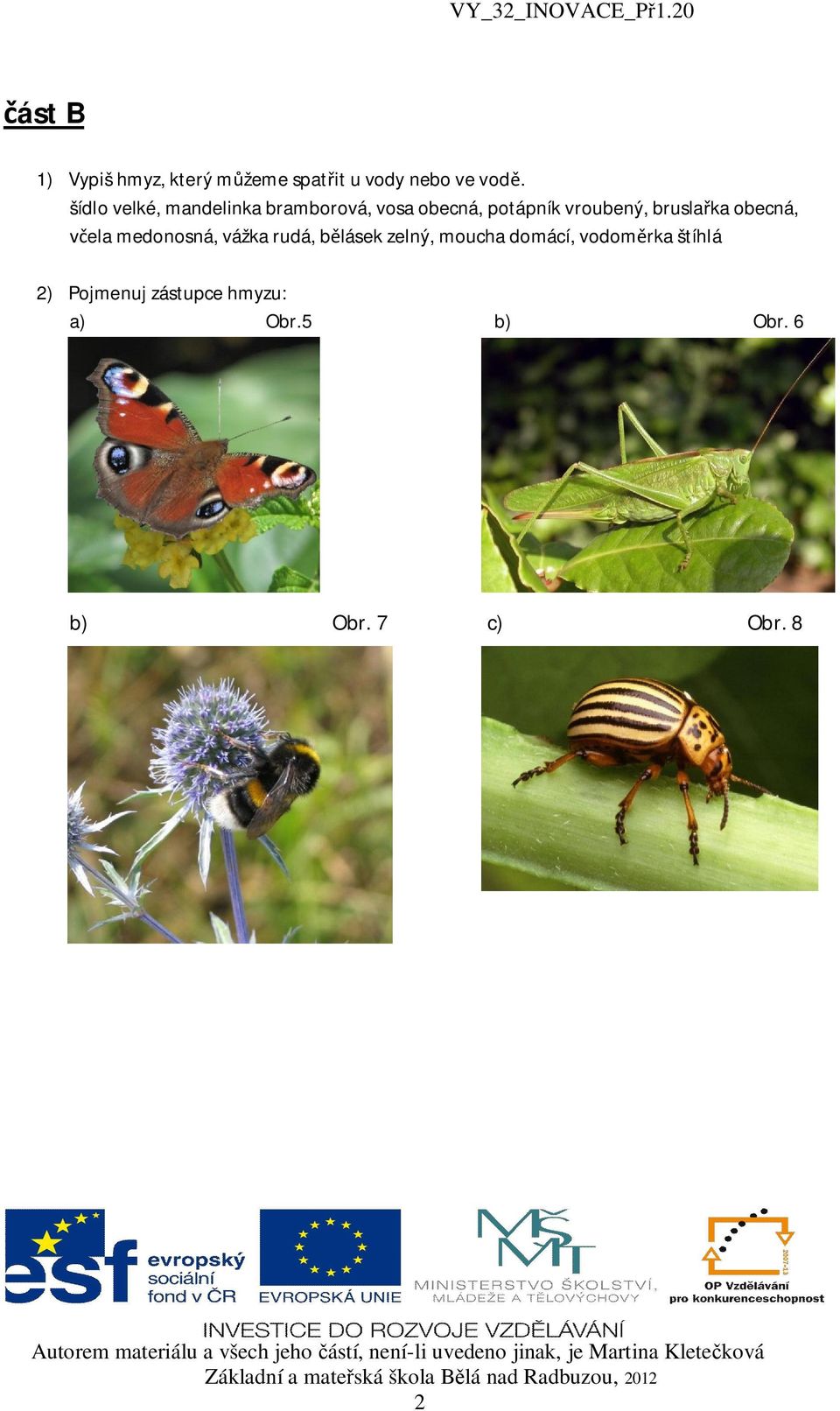 brusla ka obecná, ela medonosná, vážka rudá, b lásek zelný, moucha