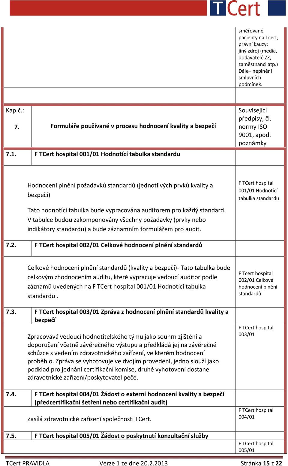 poznámky Hodnocení plnění požadavků standardů (jednotlivých prvků kvality a bezpečí) Tato hodnotící tabulka bude vypracována auditorem pro každý standard.