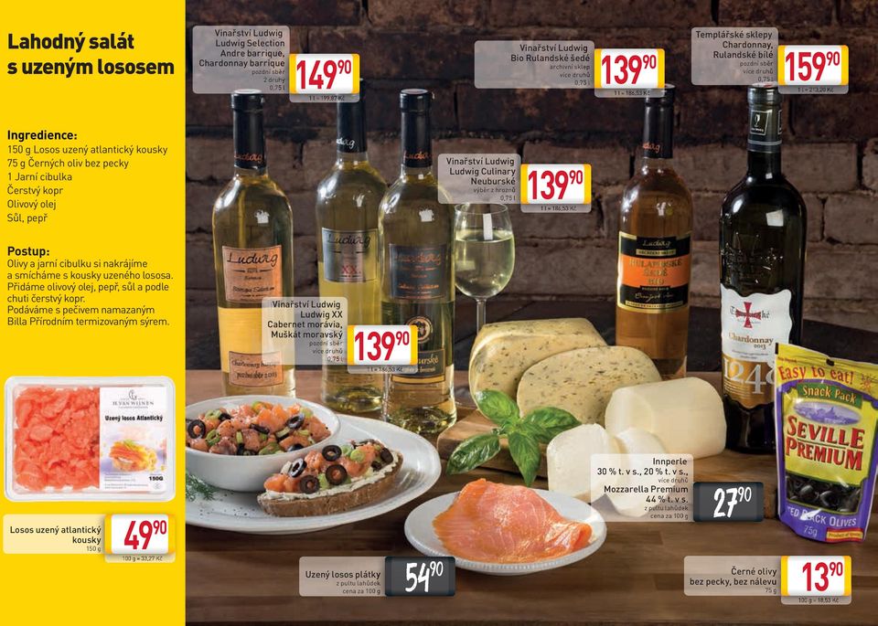 Čerstvý kopr Olivový olej Sůl, pepř Vinařství Ludwig Ludwig Culinary Neuburské výběr z hroznů 139 1 l = 186,53 Kč Postup: Olivy a jarní cibulku si nakrájíme a smícháme s kousky uzeného lososa.