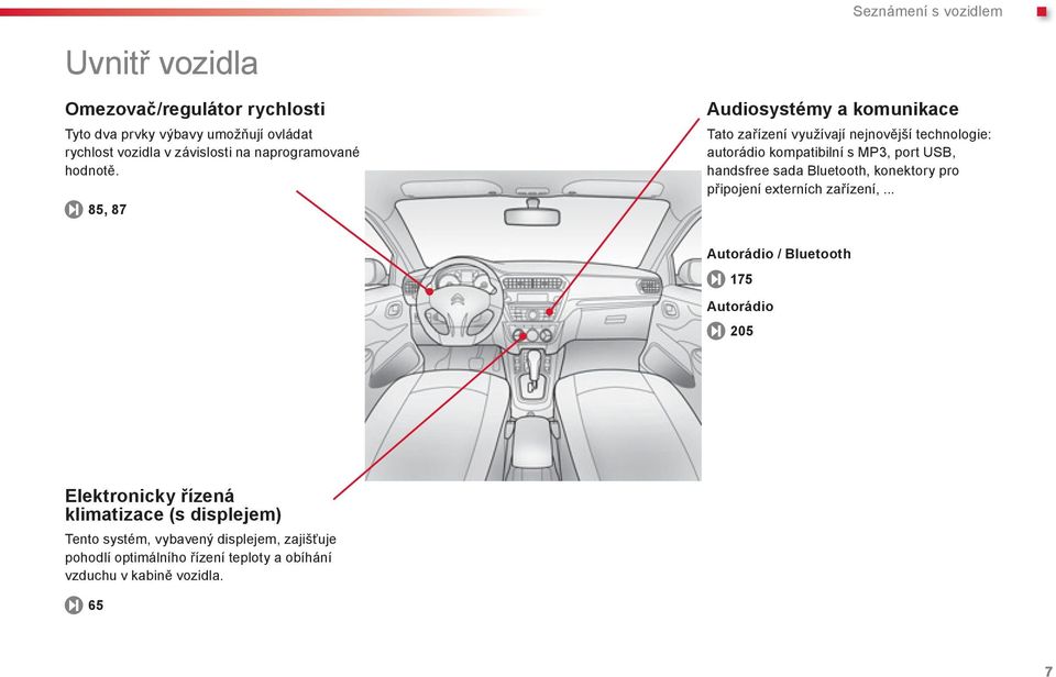 USB, handsfree sada Bluetooth, konektory pro připojení externích zařízení,.