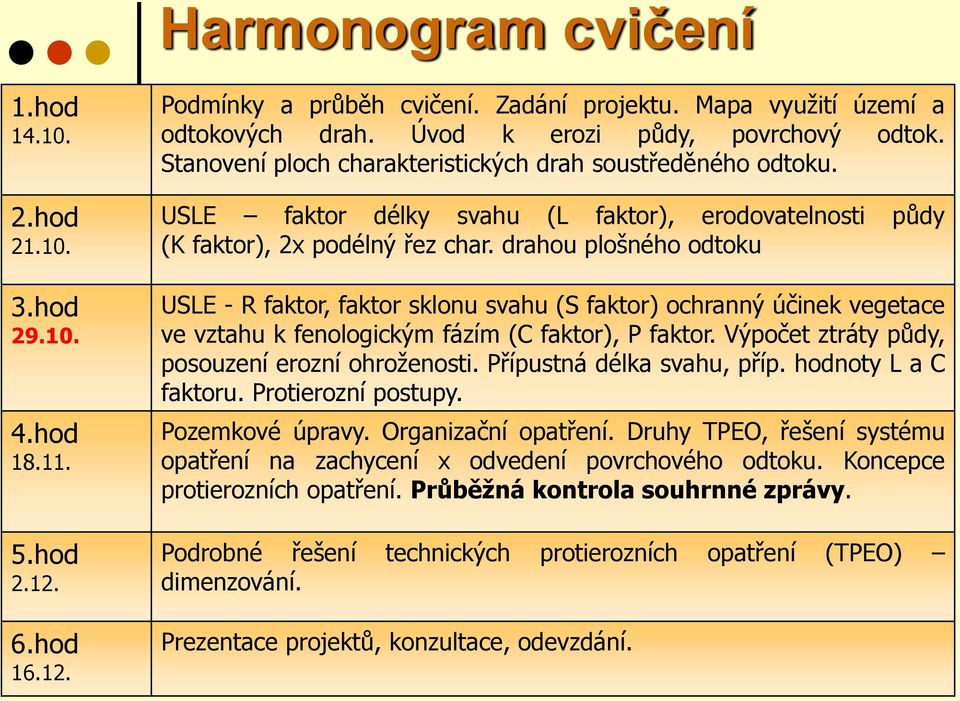 drahou plošného odtoku USLE - R faktor, faktor sklonu svahu (S faktor) ochranný účinek vegetace ve vztahu k fenologickým fázím (C faktor), P faktor. Výpočet ztráty půdy, posouzení erozní ohroženosti.