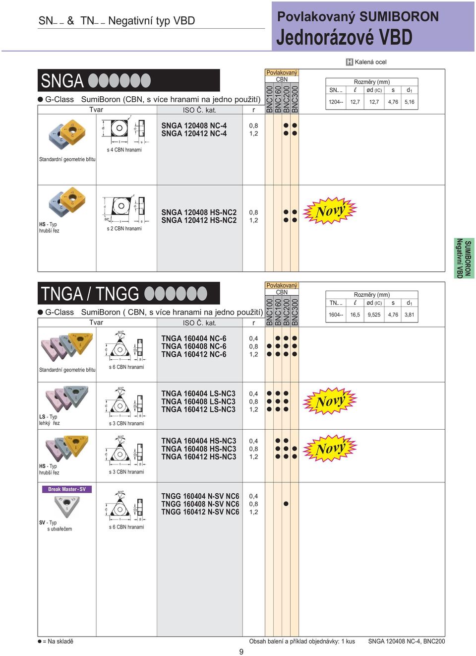 SUMIBORON Negativní VBD TNGA 160404 NC6 TNGA 160408 NC6 TNGA 160412 NC6 s 6 hanami LS Typ lehký řez s 3 hanami TNGA 160404 LSNC3 TNGA 160408 LSNC3 TNGA 160412 LSNC3 HS Typ hubší řez s 3 hanami TNGA