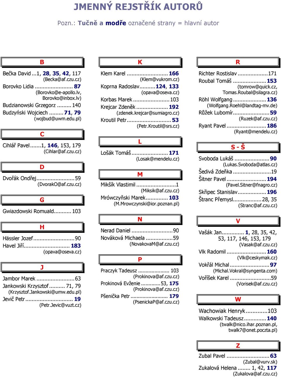 .. 103 H Hässler Jozef...90 Havel Jiří... 183 (opava@oseva.cz) J Jambor Marek...63 Jankowski Krzysztof... 71, 79 (Krzysztof.Jankowski@umw.edu.pl) Jevič Petr... 19 (Petr.Jevic@vuzt.cz) Klem Karel.
