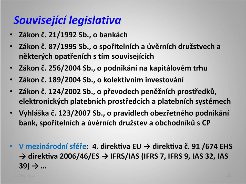 , o kolektivním investování Zákon č. 124/2002 Sb., o převodech peněžních prostředků, elektronických platebních prostředcích a platebních systémech Vyhláška č.