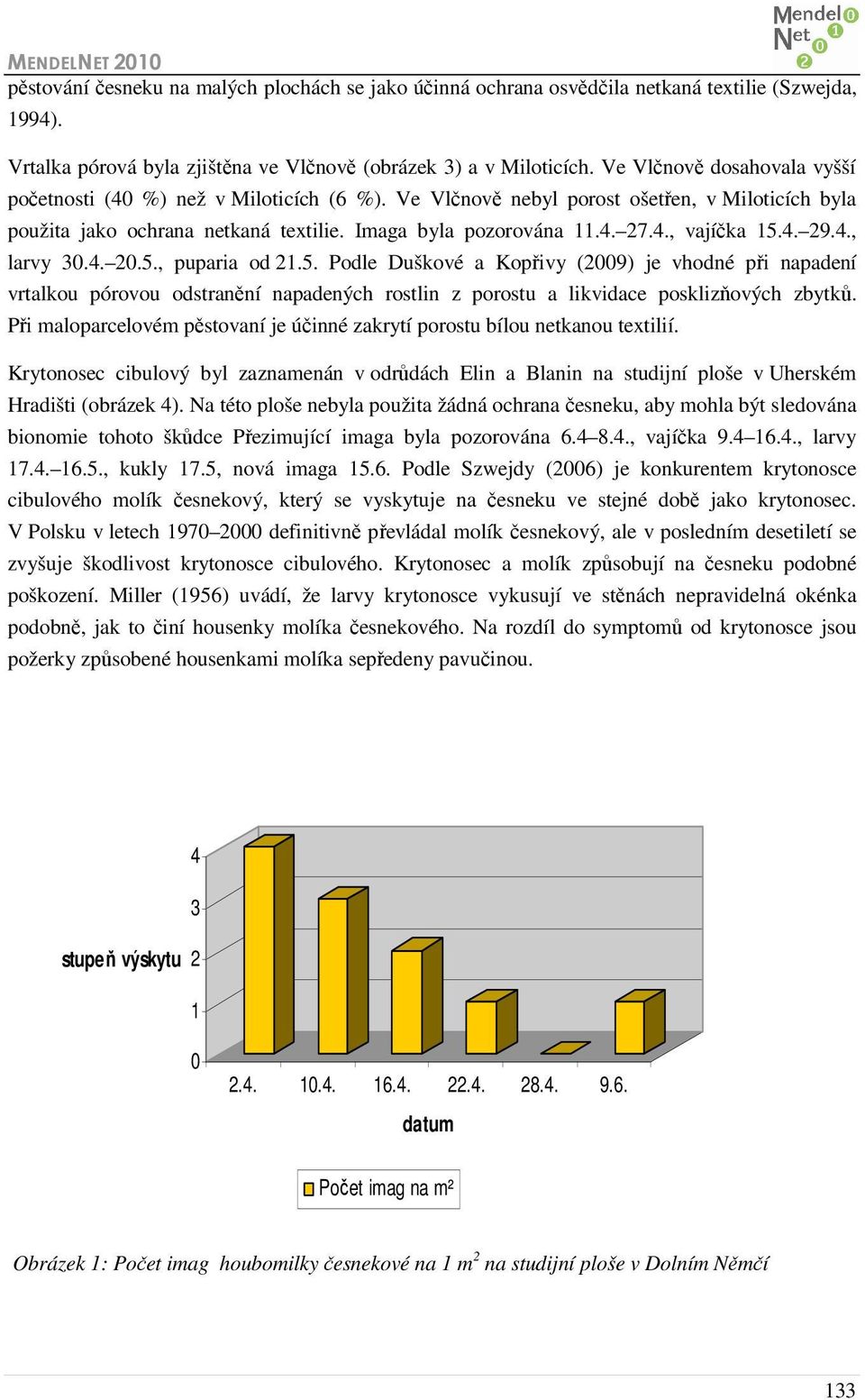 ., vajíčka 15.. 29.., larvy.. 2.5., puparia od 21.5. Podle Duškové a Kopřivy (29) je vhodné při napadení vrtalkou pórovou odstranění napadených rostlin z porostu a likvidace posklizňových zbytků.