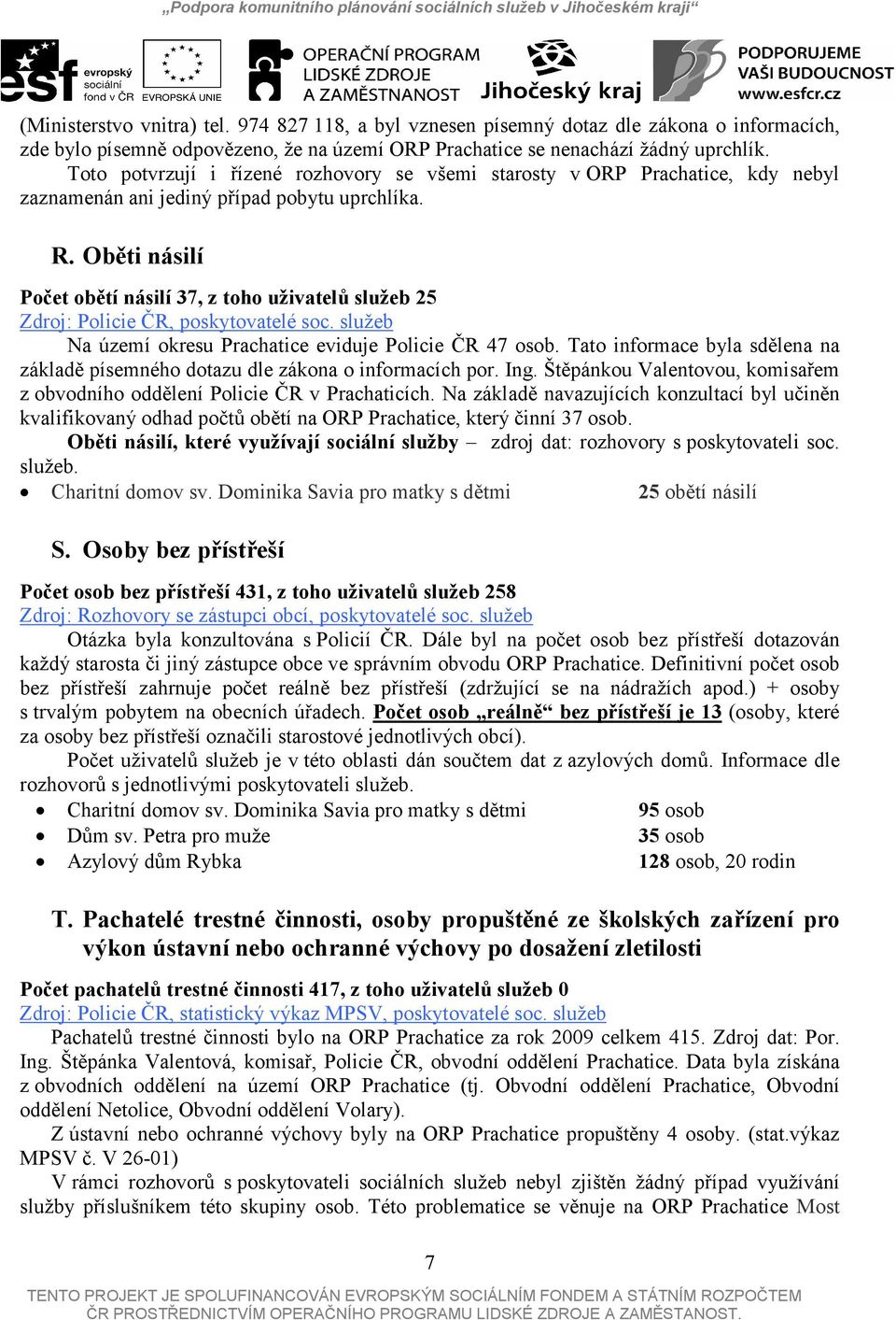 Oběti násilí Počet obětí násilí 37, z toho uživatelů služeb 25 Zdroj: Policie ČR, poskytovatelé soc. služeb Na území okresu Prachatice eviduje Policie ČR 47 osob.
