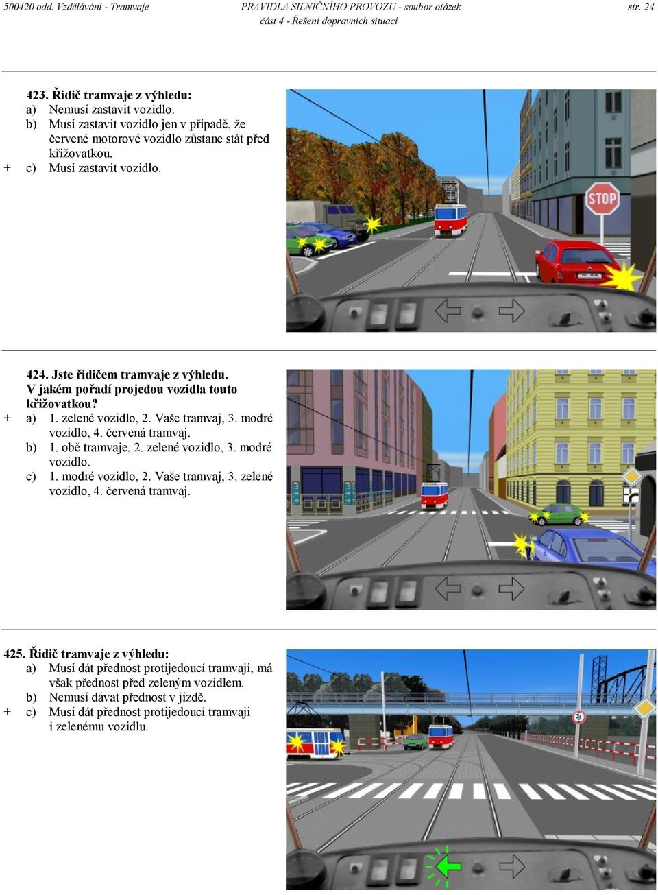 V jakém pořadí projedou vozidla touto křižovatkou? + a) 1. zelené vozidlo, 2. Vaše tramvaj, 3. modré vozidlo, 4. červená tramvaj. b) 1. obě tramvaje, 2. zelené vozidlo, 3. modré vozidlo. c) 1.