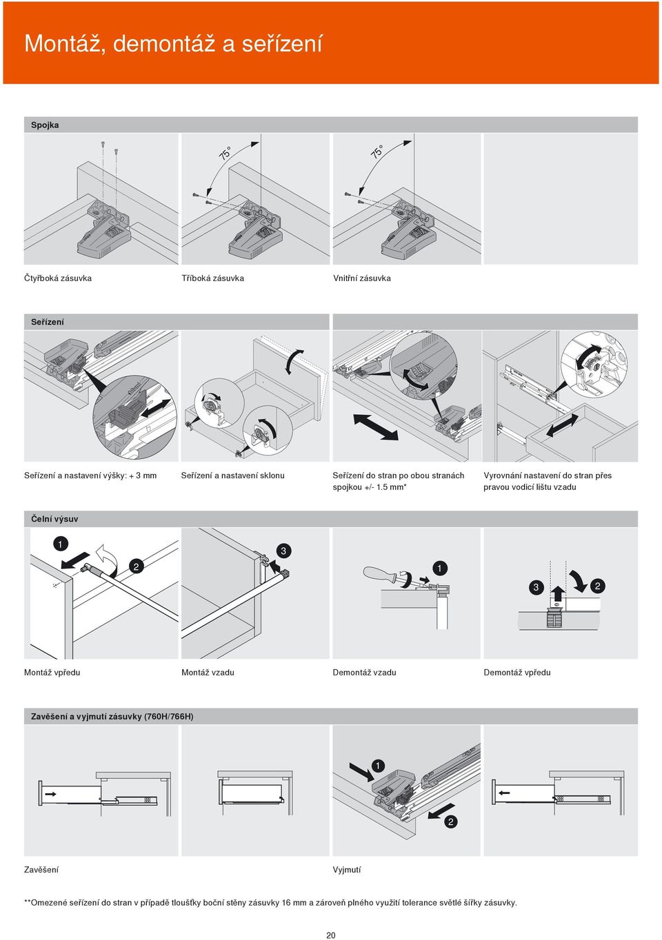 5 mm* Seřízení Seřízení a nastavení výšky: + 3 mm Vyrovnání nastavení do stran přes pravou vodicí lištu vzadu Čelní výsuv 1 3 2 1 3