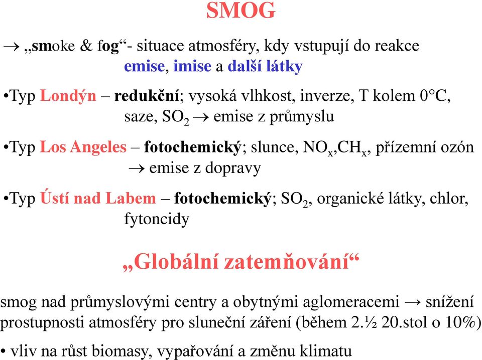 Typ Ústí nad Labem fotochemický; SO 2, organické látky, chlor, fytoncidy Globální zatemňování smog nad průmyslovými centry a