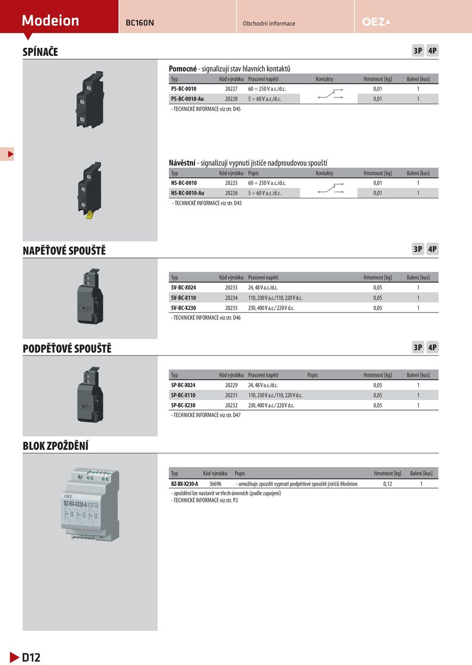 D45 NAPĚŤOVÉ SPOUŠTĚ Typ Kód výrobku Pracovní napětí Hmotnost [kg] Balení [kus] SV-BC-X24 2233 24, 48 V a.c./d.c.,5 SV-BC-X 2234, 23 V a.c./, 22 V d.c.,5 SV-BC-X23 2235 23, 4 V a.c./ 22 V d.c.,5 - TECHNICKÉ INFORMACE viz str.