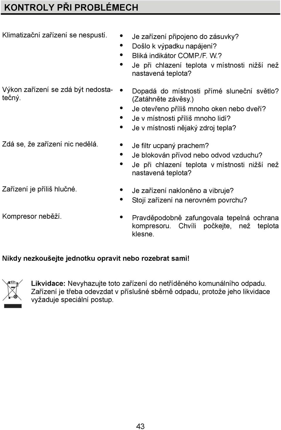 (Zatáhněte závěsy.) Je otevřeno příliš mnoho oken nebo dveří? Je v místnosti příliš mnoho lidí? Je v místnosti nějaký zdroj tepla? Je filtr ucpaný prachem? Je blokován přívod nebo odvod vzduchu?