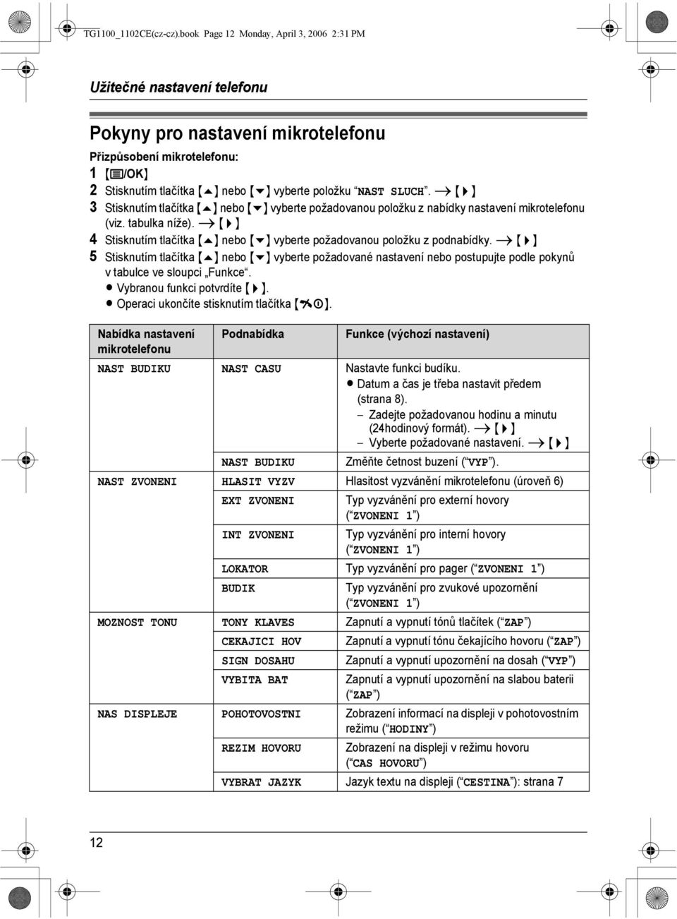 nebo {v} vyberte položku NAST SLUCH. i {>} 3 Stisknutím tlačítka {e} nebo {v} vyberte požadovanou položku z nabídky nastavení mikrotelefonu (viz. tabulka níže).