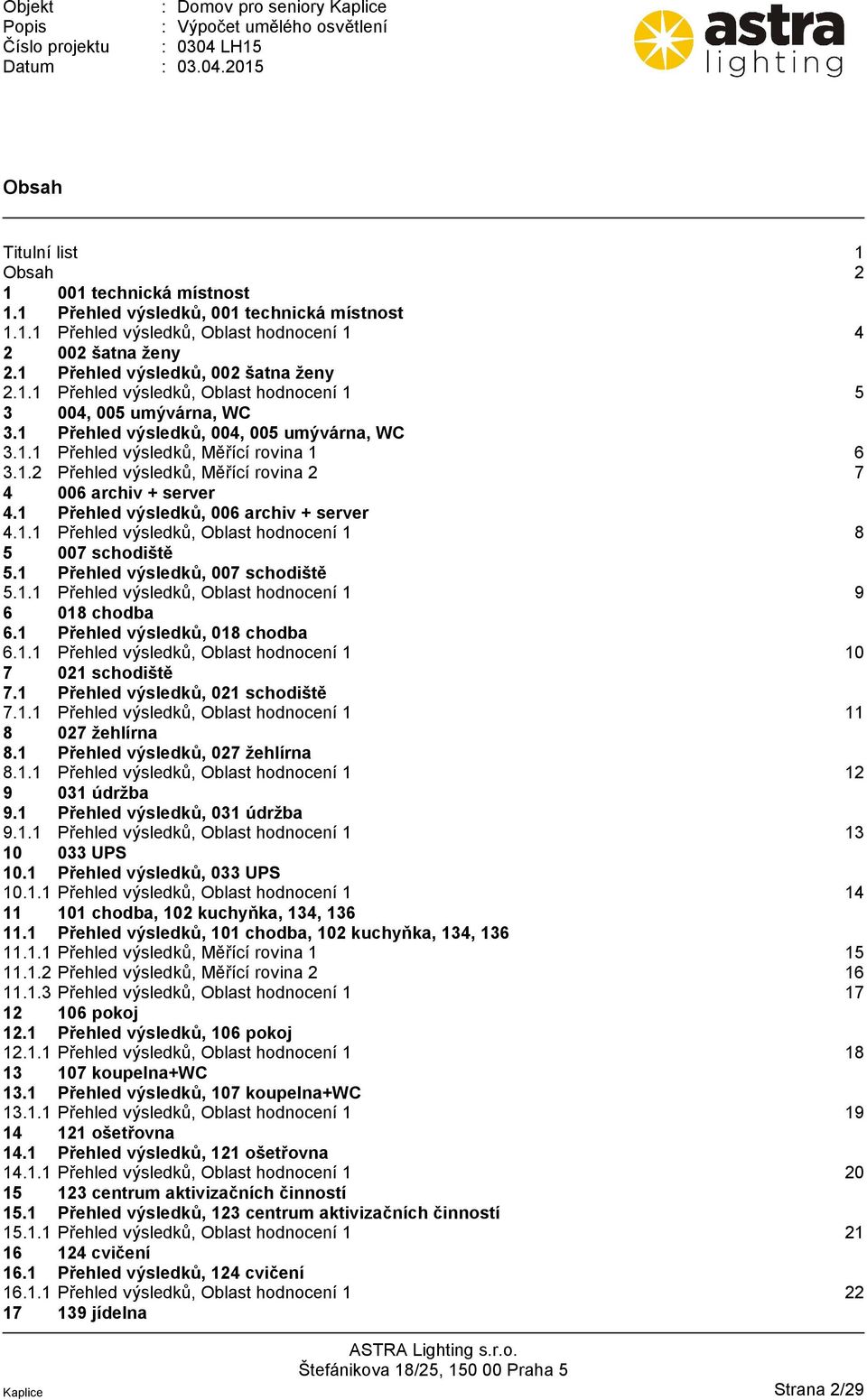 1 Přehled výsledků, 006 archiv + server 4.1.1 Přehled výsledků, Oblast hodnocení 1 8 5 007 schodiště 5.1 Přehled výsledků, 007 schodiště 5.1.1 Přehled výsledků, Oblast hodnocení 1 9 6 018 chodba 6.