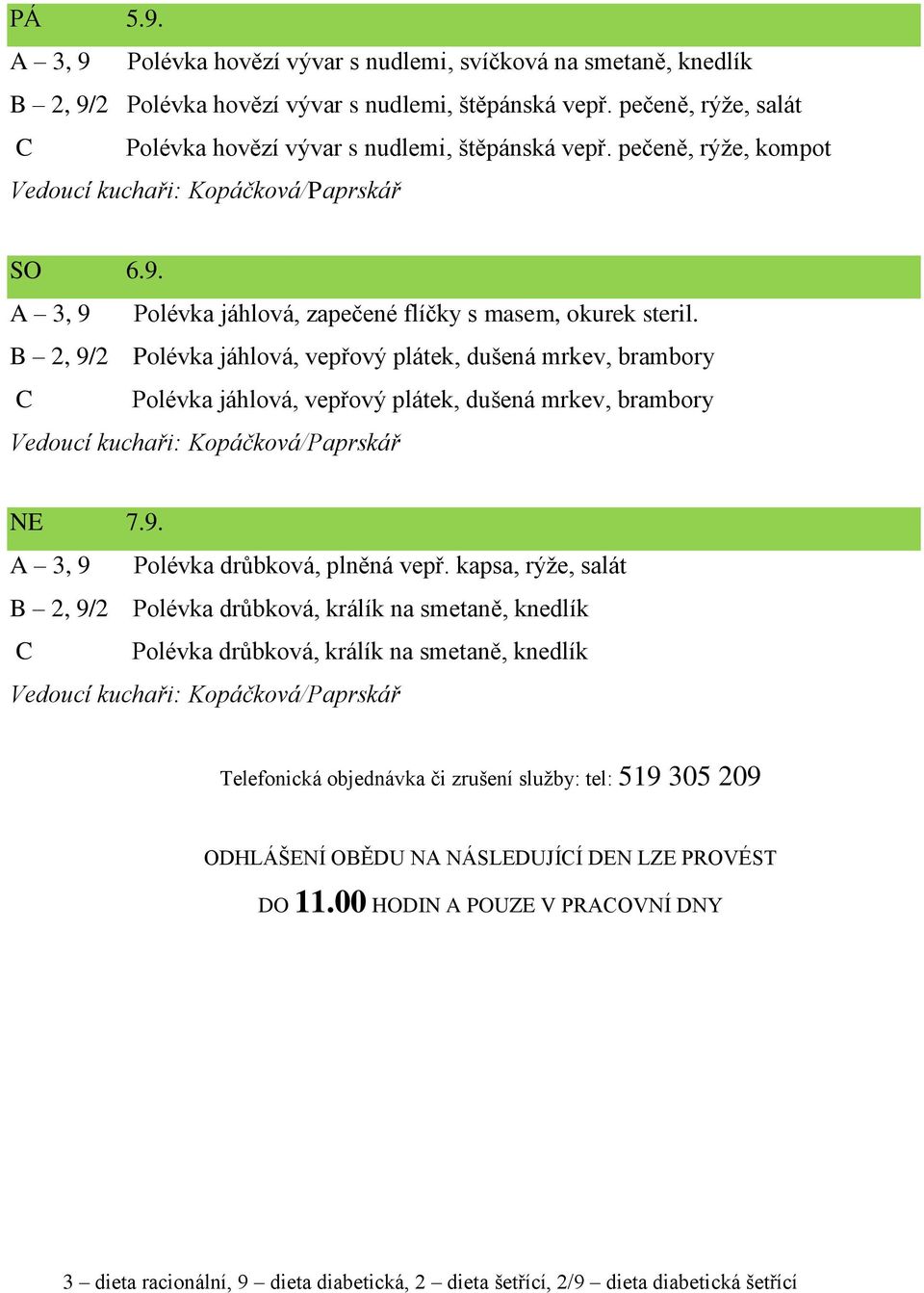 B 2, 9/2 Polévka jáhlová, vepřový plátek, dušená mrkev, brambory C Polévka jáhlová, vepřový plátek, dušená mrkev, brambory NE 7.9. A 3, 9 Polévka drůbková, plněná vepř.