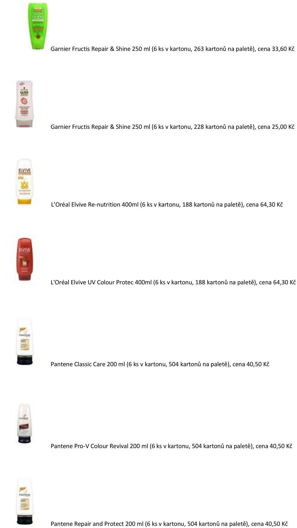 400ml (6 ks v kartonu, 188 kartonů na paletě), cena 64,30 Kč Pantene Classic Care 200 ml (6 ks v kartonu, 504 kartonů na paletě), cena 40,50 Kč Pantene Pro-V