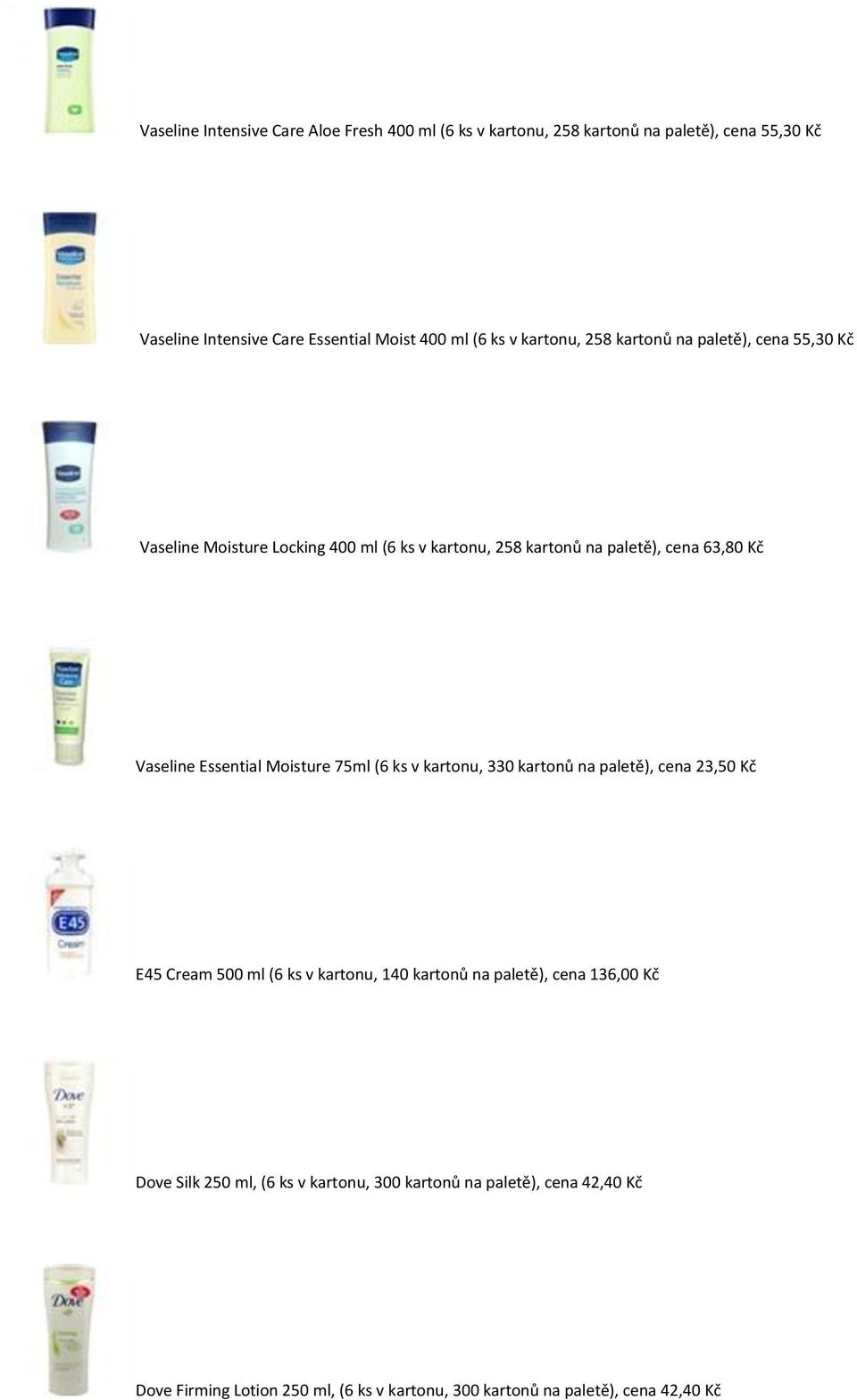 Essential Moisture 75ml (6 ks v kartonu, 330 kartonů na paletě), cena 23,50 Kč E45 Cream 500 ml (6 ks v kartonu, 140 kartonů na paletě), cena 136,00