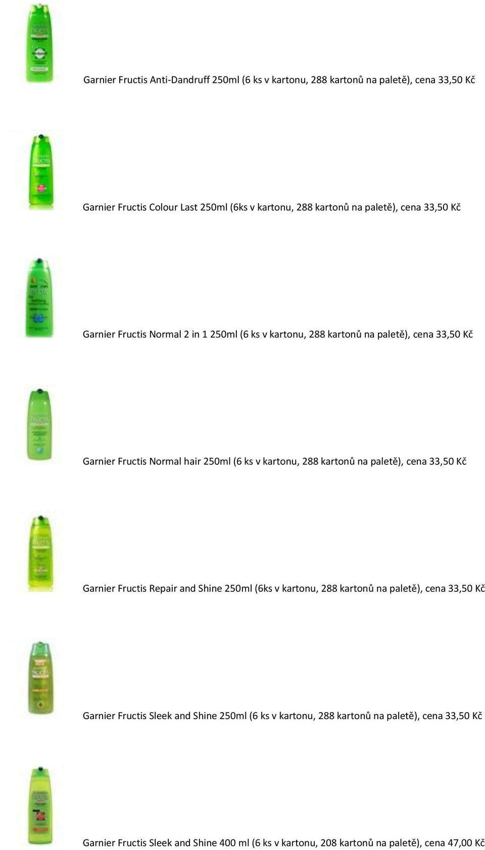 kartonu, 288 kartonů na paletě), cena 33,50 Kč Garnier Fructis Repair and Shine 250ml (6ks v kartonu, 288 kartonů na paletě), cena 33,50 Kč Garnier Fructis