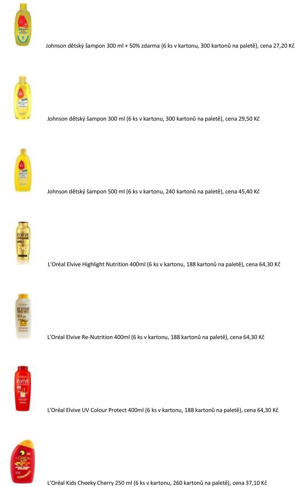 kartonu, 188 kartonů na paletě), cena 64,30 Kč L'Oréal Elvive Re-Nutrition 400ml (6 ks v kartonu, 188 kartonů na paletě), cena 64,30 Kč L'Oréal Elvive UV