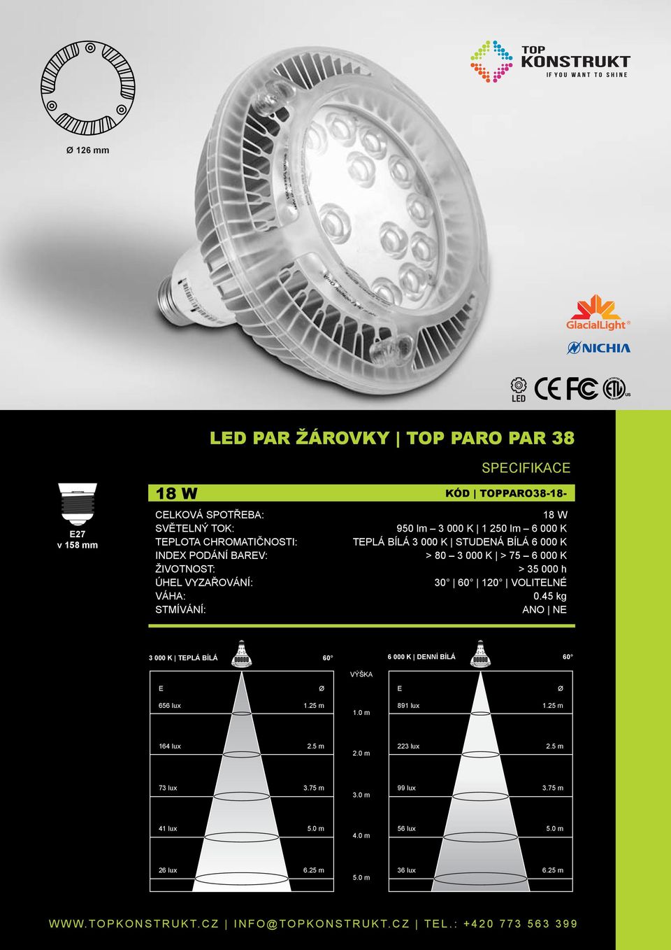 0.45 kg STMÍVÁNÍ: ANO NE 3 000 K TEPLÁ BÍLÁ 60 6 000 K DENNÍ BÍLÁ 60 VÝŠKA E Ø E Ø 656 lux 1.25 m 1.0 m 891 lux 1.
