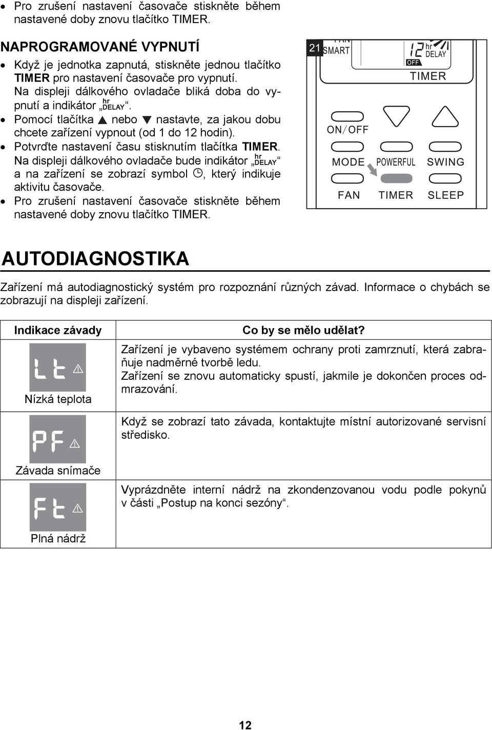 Potvrďte nastavení času stisknutím tlačítka TIMER. Na displeji dálkového ovladače bude indikátor a na zařízení se zobrazí symbol, který indikuje aktivitu časovače.