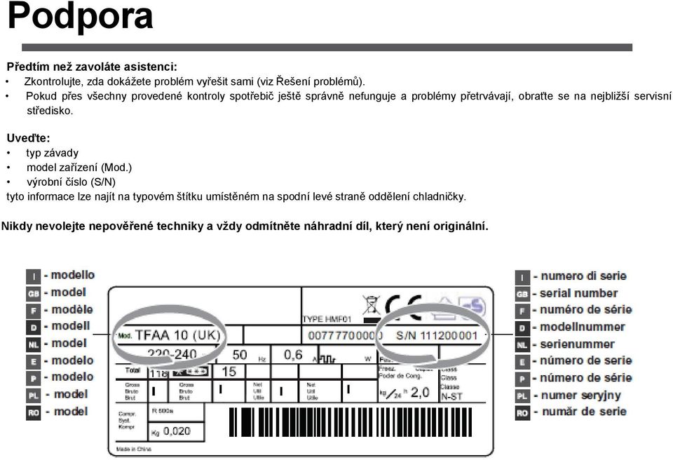 servisní středisko. Uveďte: typ závady model zařízení (Mod.