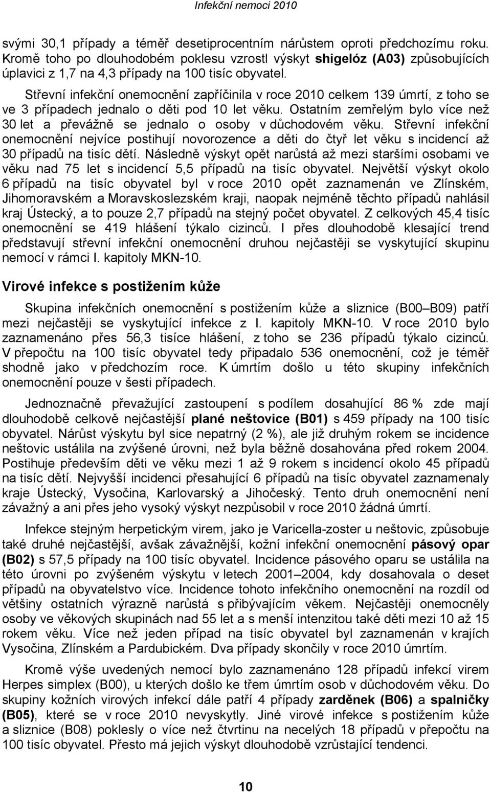 Střevní infekční onemocnění zapříčinila v roce 2010 celkem 139 úmrtí, z toho se ve 3 případech jednalo o děti pod 10 let věku.