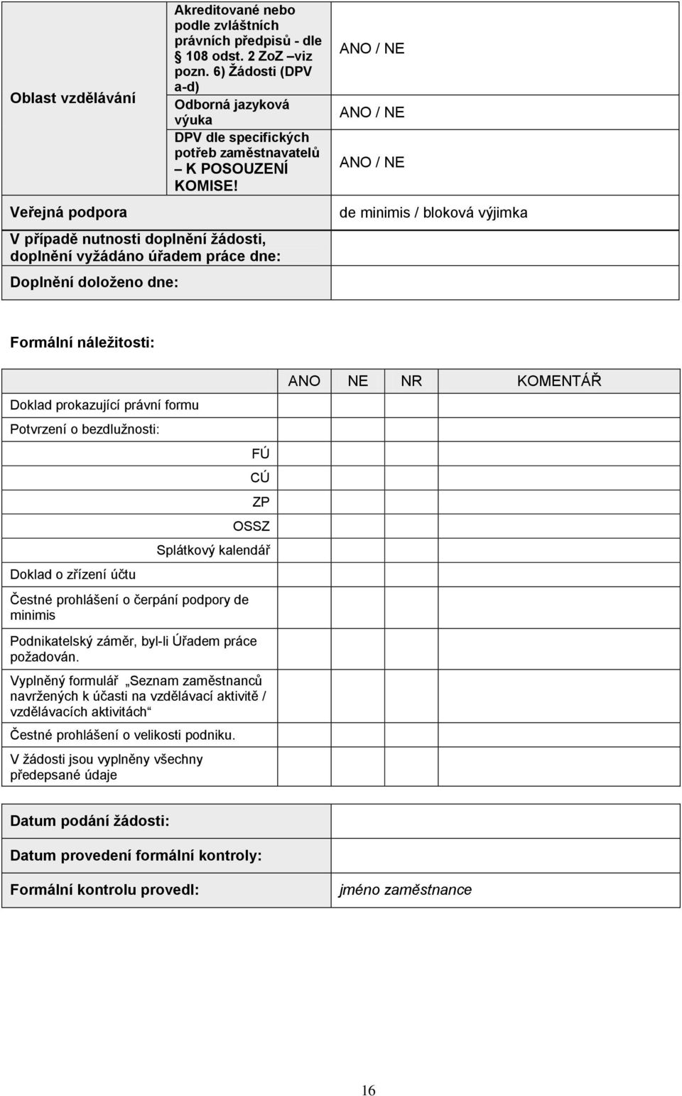 ANO / NE ANO / NE ANO / NE de minimis / bloková výjimka Formální náležitosti: Doklad prokazující právní formu Potvrzení o bezdlužnosti: Doklad o zřízení účtu FÚ CÚ ZP OSSZ Splátkový kalendář Čestné