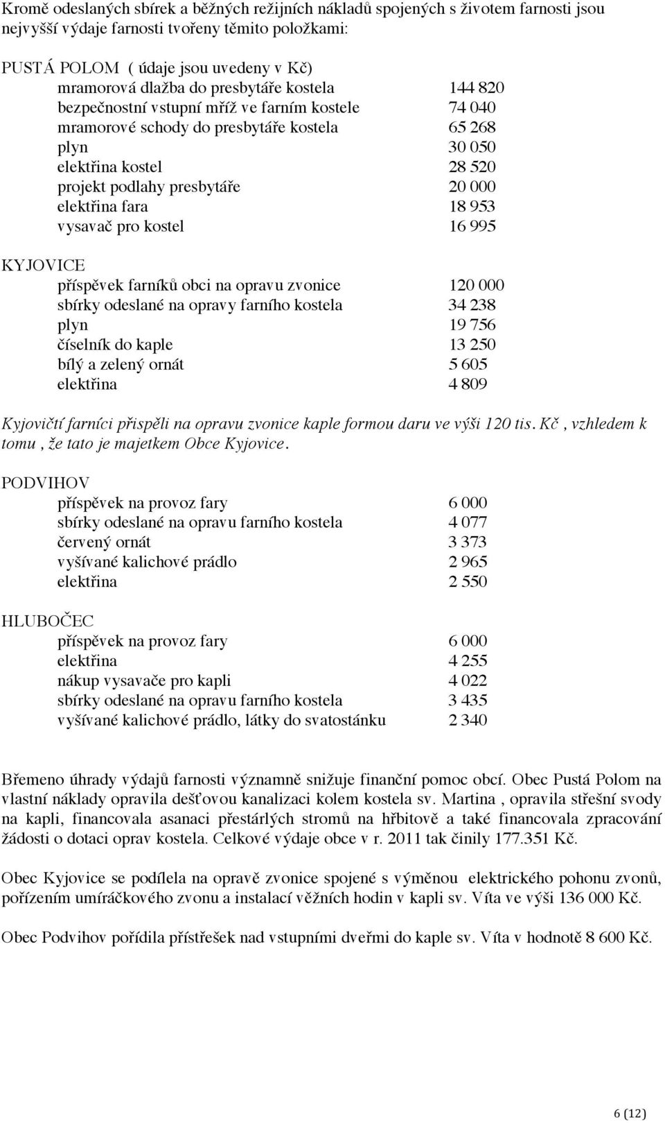 elektřina fara 18 953 vysavač pro kostel 16 995 KYJOVICE příspěvek farníků obci na opravu zvonice 120 000 sbírky odeslané na opravy farního kostela 34 238 plyn 19 756 číselník do kaple 13 250 bílý a