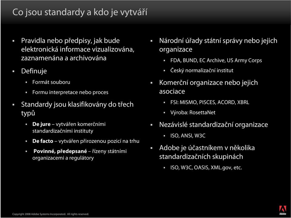 organizacemi a regulátory Národní úřady státní správy nebo jejich organizace FDA, BUND, EC Archive, US Army Corps Český normalizační institut Komerční organizace nebo jejich asociace