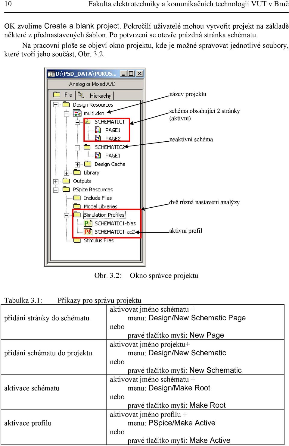 název projektu schéma obsahující 2 stránky (aktivní) neaktivní schéma dvě různá nastavení analýzy aktivní profil Obr. 3.2: Okno správce projektu Tabulka 3.