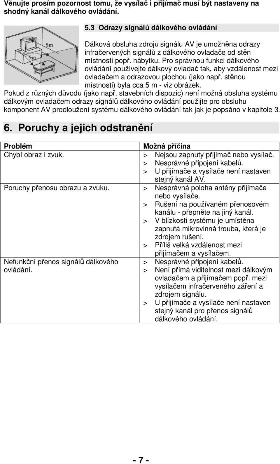 Pro správnou funkci dálkového ovládání používejte dálkový ovladač tak, aby vzdálenost mezi ovladačem a odrazovou plochou (jako např. stěnou místnosti) byla cca 5 m - viz obrázek.