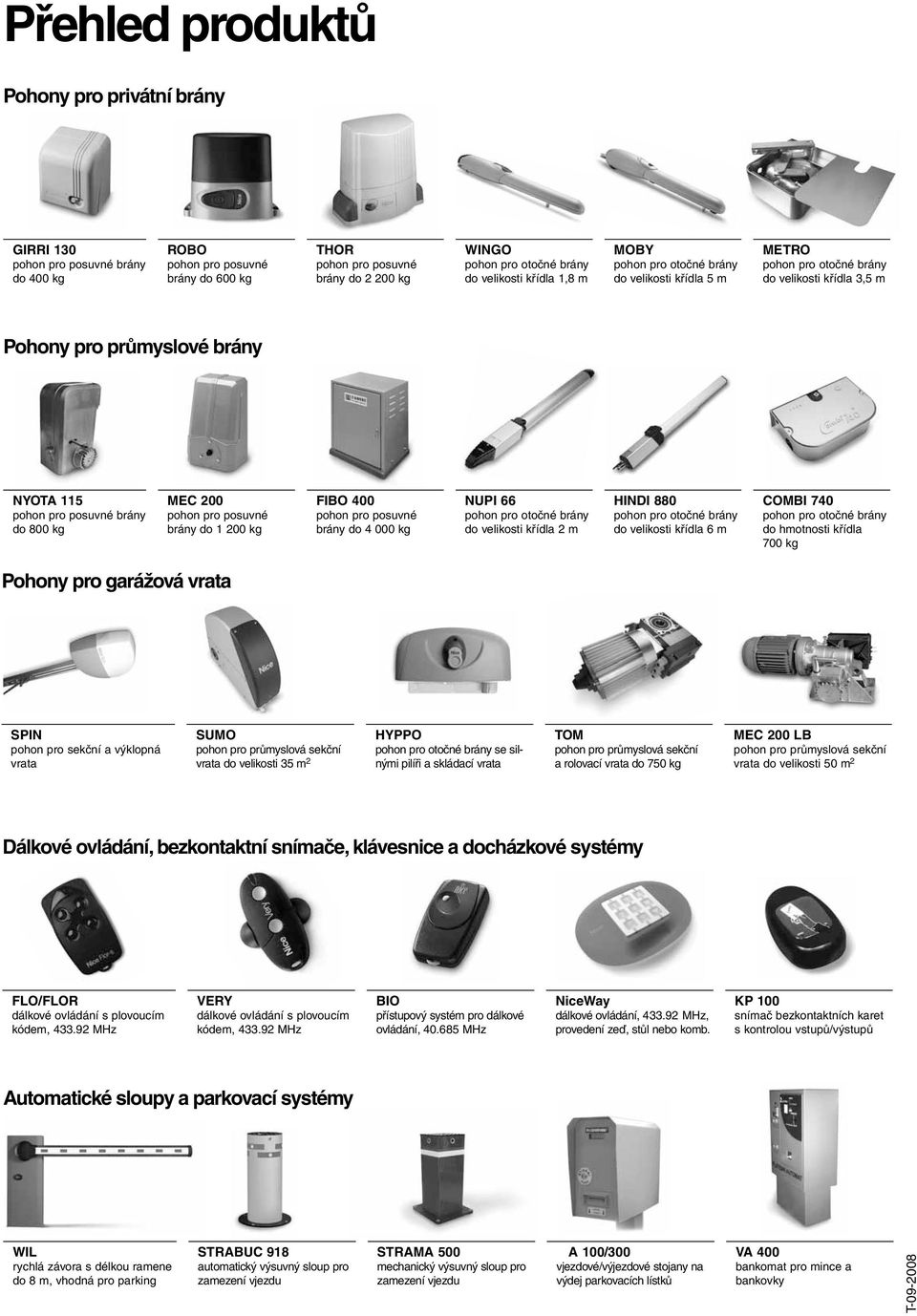 pohon pro posuvné brány do 1 200 kg FIBO 400 pohon pro posuvné brány do 4 000 kg NUPI 66 pohon pro otočné brány do velikosti křídla 2 m HINDI 880 pohon pro otočné brány do velikosti křídla 6 m COMBI