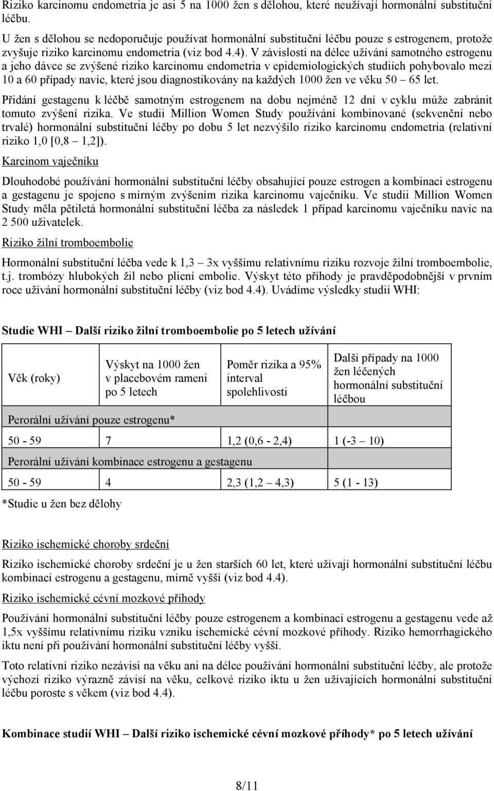 V závislosti na délce užívání samotného estrogenu a jeho dávce se zvýšené riziko karcinomu endometria v epidemiologických studiích pohybovalo mezi 10 a 60 případy navíc, které jsou diagnostikovány na