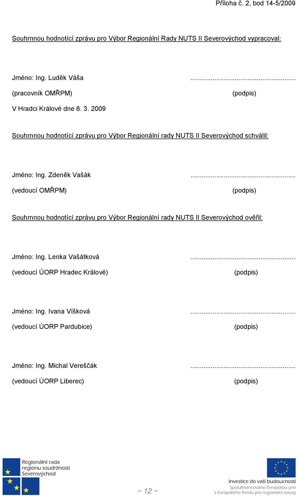 2009 Souhrnnou hodnotící zprávu pro Výbor Regionální rady NUTS II Severovýchod schválil: Jméno: Ing. Zdeněk Vašák.