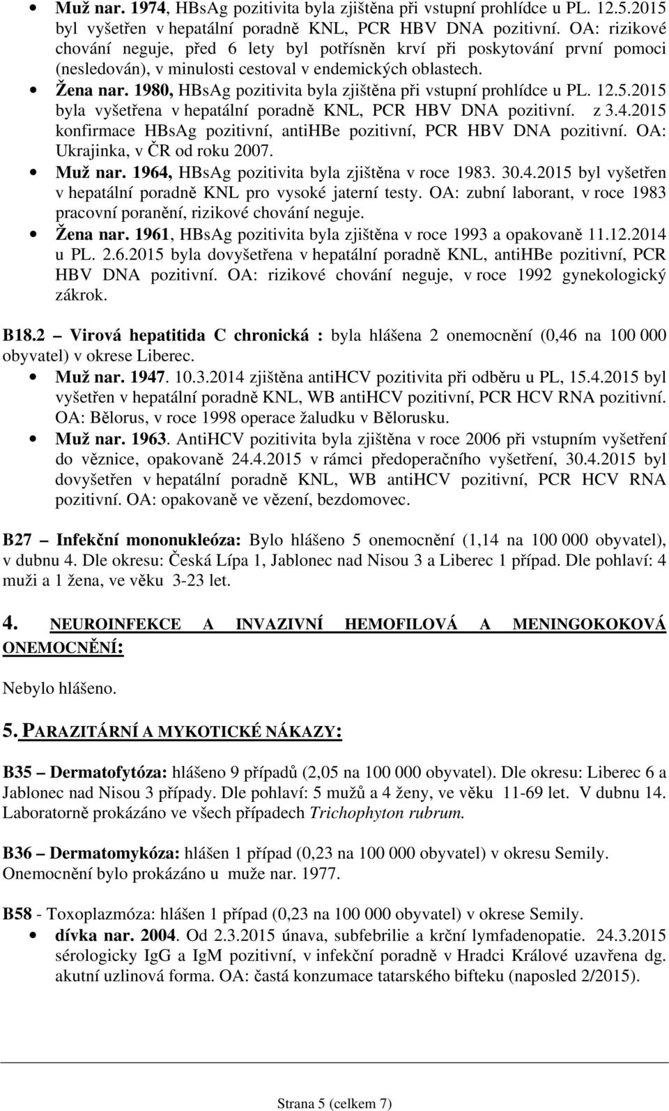 198, HBsAg pozitivita byla zjištěna při vstupní prohlídce u PL. 12.5.215 byla vyšetřena v hepatální poradně KNL, PCR HBV DNA pozitivní. z 3.4.