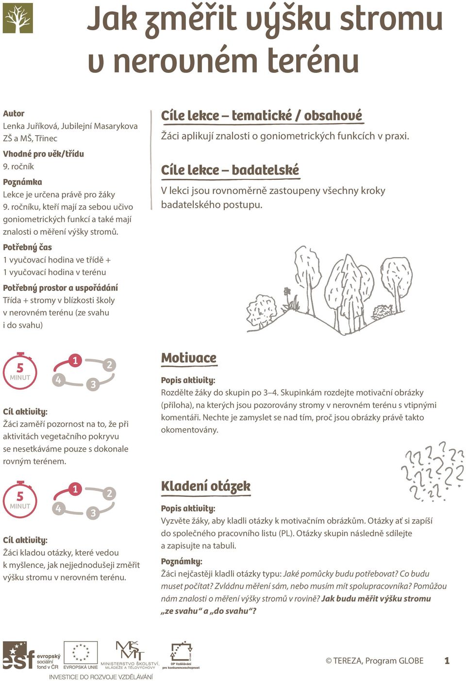 Potřebný čas 1 vyučovací hodina ve třídě + 1 vyučovací hodina v terénu Potřebný prostor a uspořádání Třída + stromy v blízkosti školy v nerovném terénu (ze svahu i do svahu) Cíle lekce tematické /